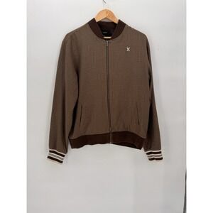 Hurley Mens L Brown Houndstooth Bomber Jacket Ribbed Ribbed Collar/Cuff Full Zip